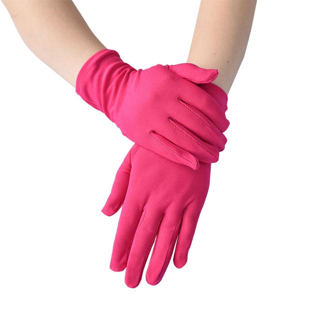 Ein Paar kräftiger fuchsiafarbener einfarbiger Handschuhe aus Milchseide mit glattem, satinhybrid wirkendem Stoff und sauber vernähten Nähten.