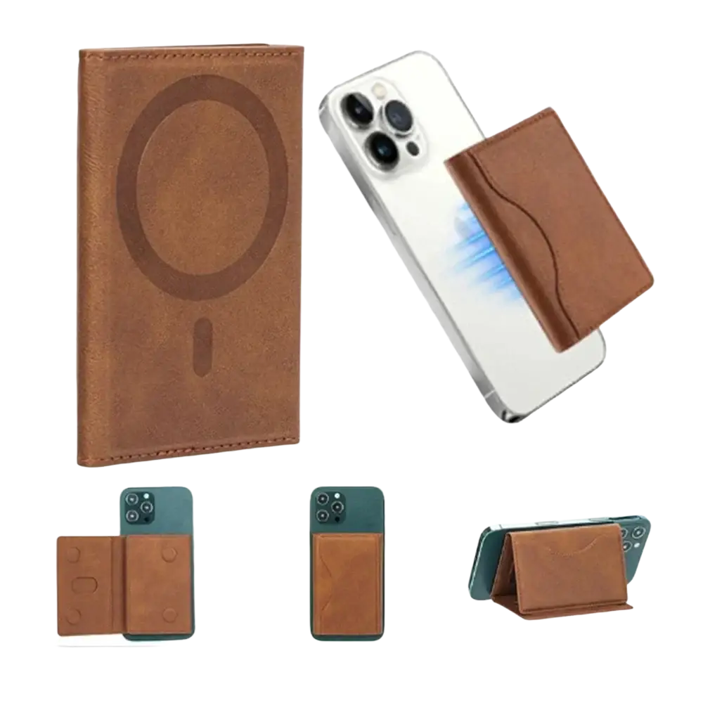 Brown leather magnetic trifold card wallet with charging pad and card slot shown from front angle