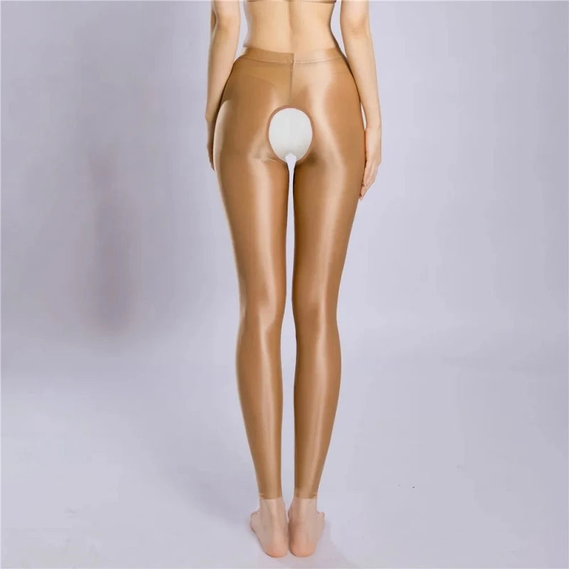 Plus Size Oil Shiny Crotchless Footless Pantyhose Women Sexy Satin Glossy Pencil Pants Fitness Yoga Leggings Party Clubwear