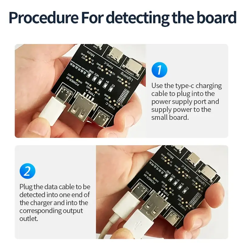 Schwarze Leiterplatte mit mehreren USB-Anschlüssen, darunter Typ-C- und Lightning-Stecker, für die dt3-Datenkabel-Erkennungsplatine, ausgelegt für die Nutzung mit iOS und Android
