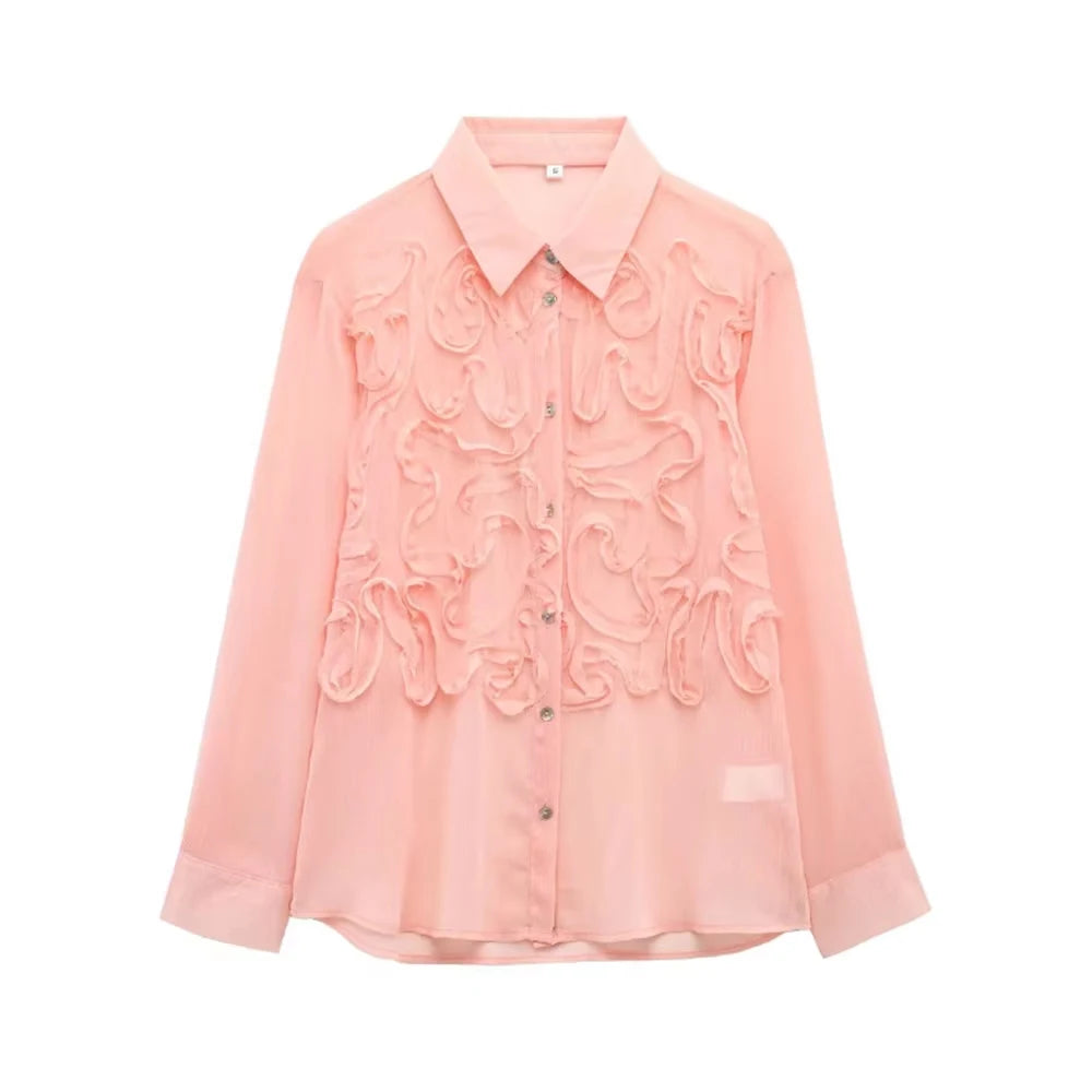Women's Long Sleeve Button-Up Shirt Fashion Textured Blouse Chic Female Top