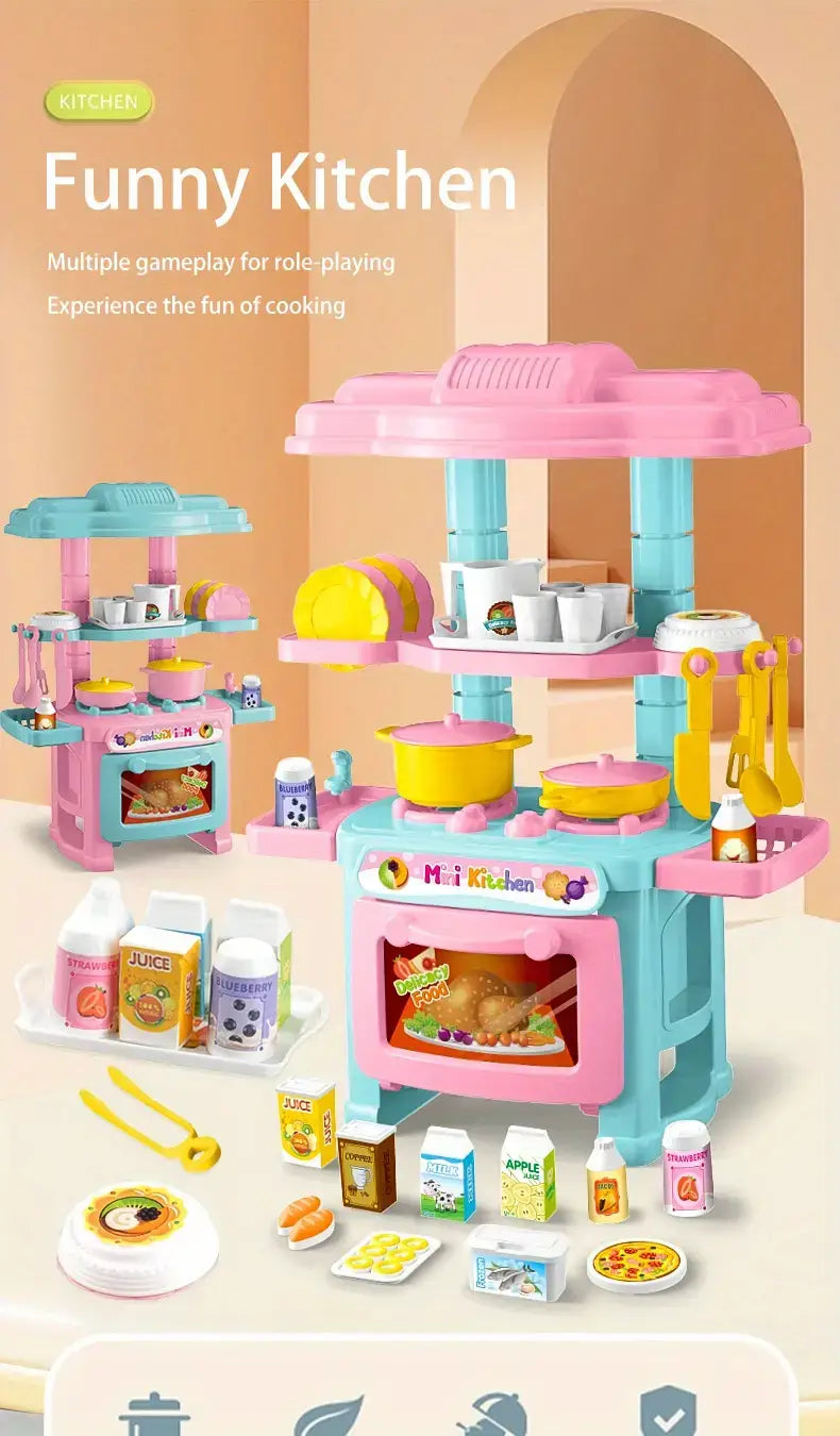 Kleines Küchen-Spielset für Rollenspiel-Kochspielzeuge mit einer pinkfarbenen und blauen Kunststoffküche, gelben Töpfen, Utensilien und Miniatur-Lebensmitteln.