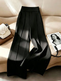 Womens Elegant High Waist Straight Leg Pants Office Commute Bottoms Minimalist Solid Color Front Seam Loose Wide Leg Trousers