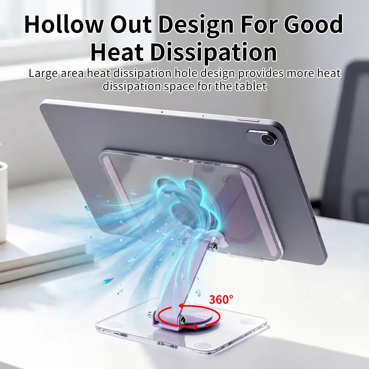Transparent acrylic tablet stand with 360-degree rotating base and hollow-out design for effective heat dissipation.