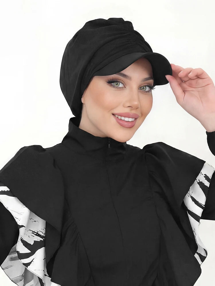 Muslim Women Baseball Cap Hijab Solid Black Turban Hat Islamic Daily Headwear Modest Headscarf for Outdoor Sports Daily Wear
