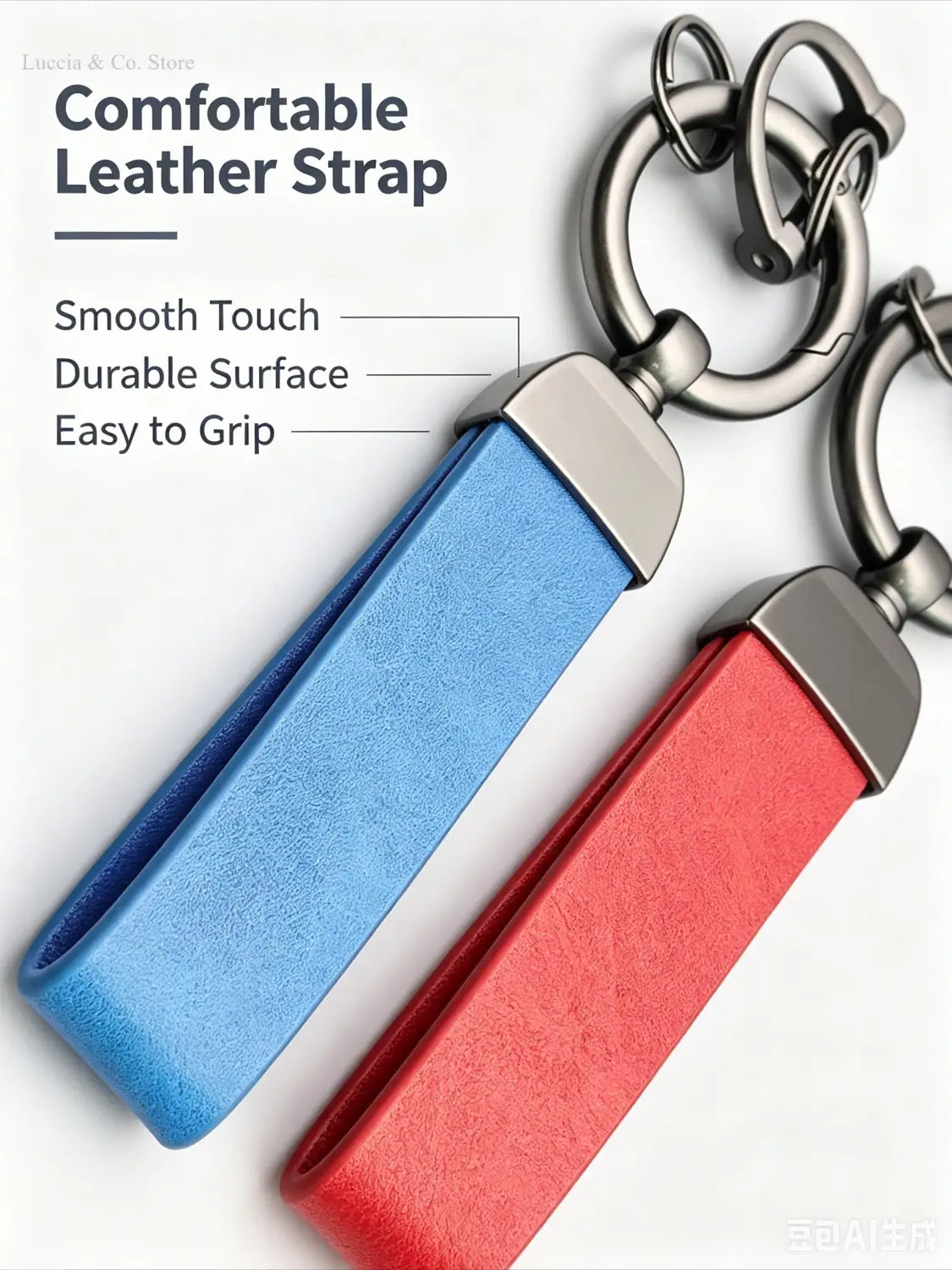 custom logo car keychain personalized metal leather ring featuring blue and red leather keychains with metallic silver-toned rings.