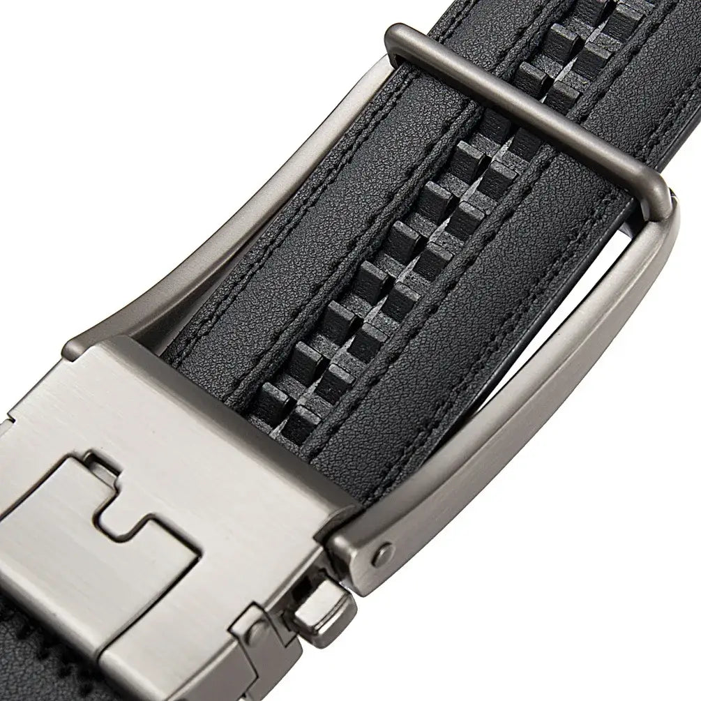 Black leather men automatic buckle belt featuring a silver-toned metal buckle and zipper detail.