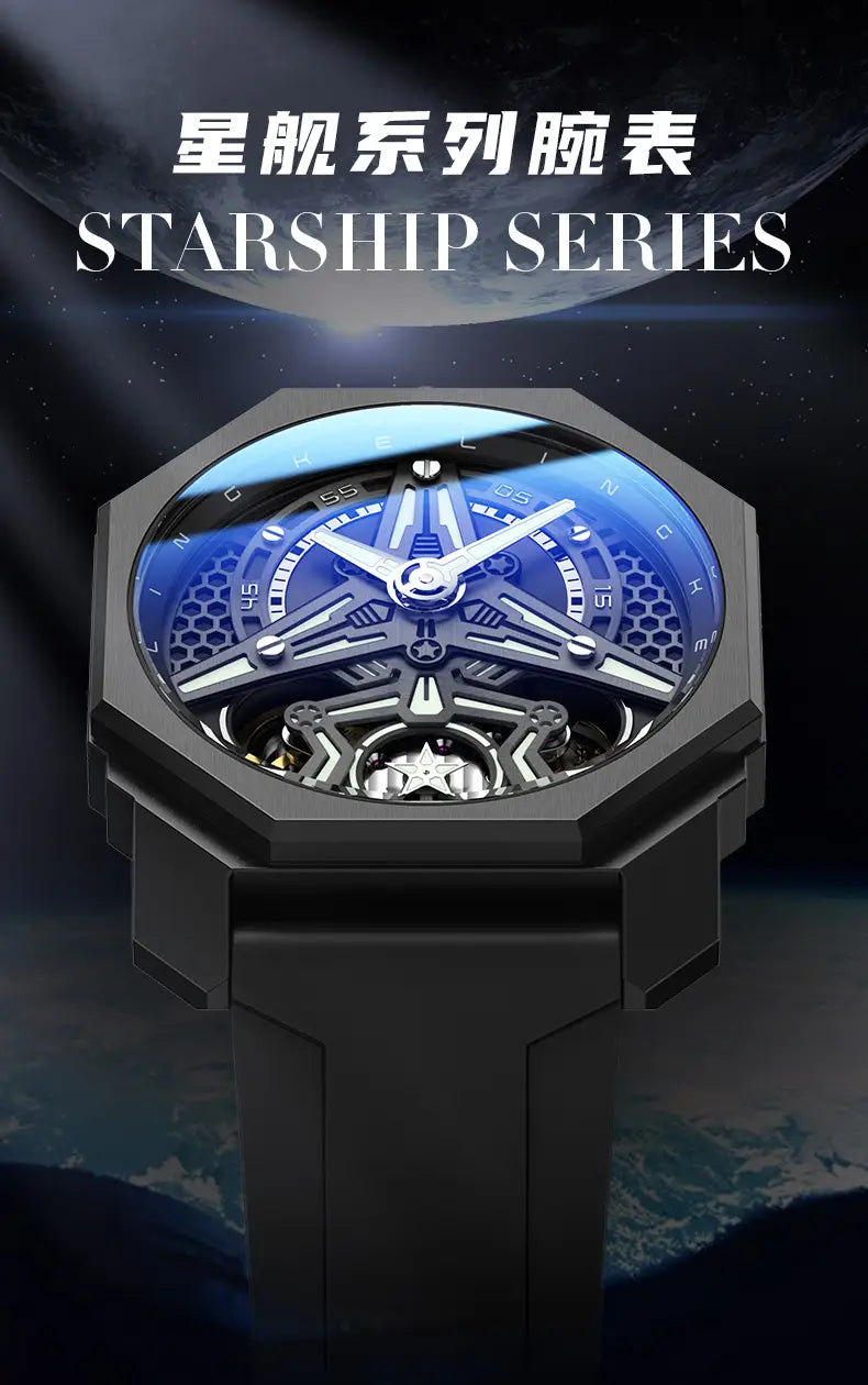 Black octagonal automatic skeleton mechanical watch for men with a blue star-themed dial and exposed mechanical movement.