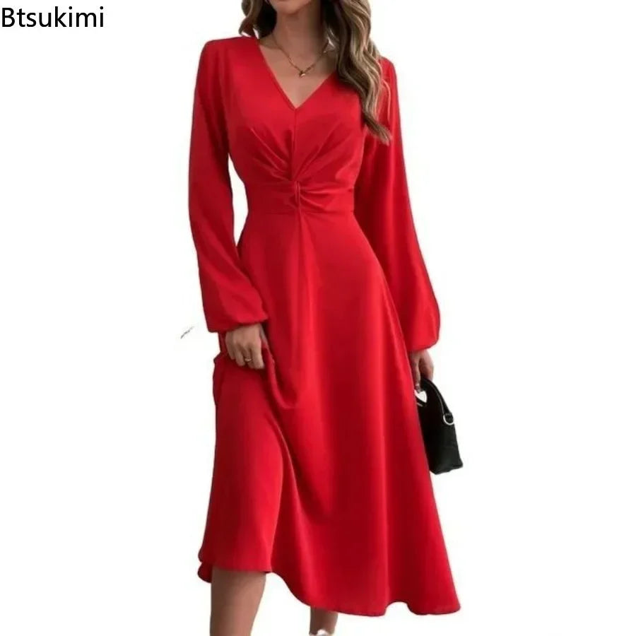 Women's Autumn Winter Dresses Sexy Elegant Long Skirt French V-neck Temperament Commuter A-line High-waisted Dress Evening Gown