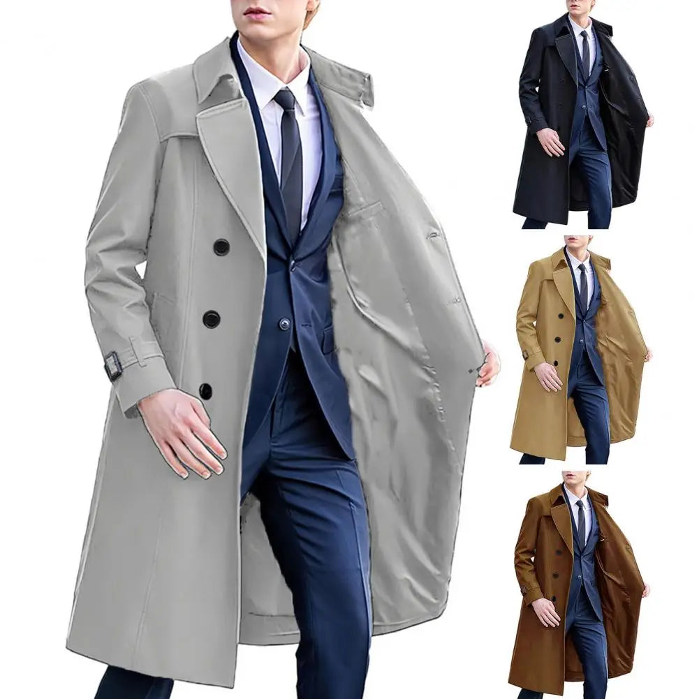 Men windbreaker casual trench coat with long sleeves and clothes length featuring a gray belted waist and black buttons, available in navy blue camel and brown options.