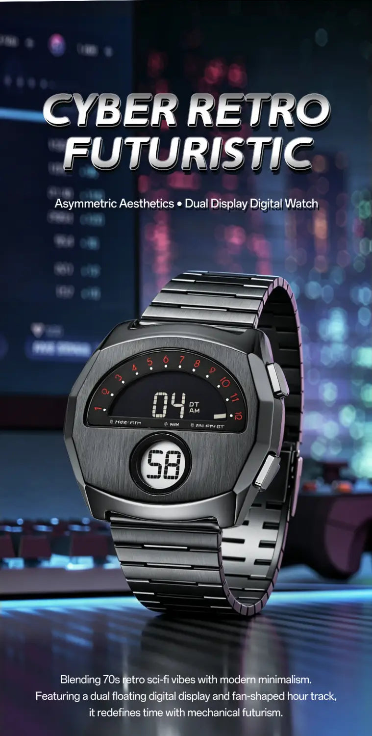 Megir men stainless steel digital watch in black and silver featuring a dual floating display with a fan-shaped hour track and a metallic link bracelet.