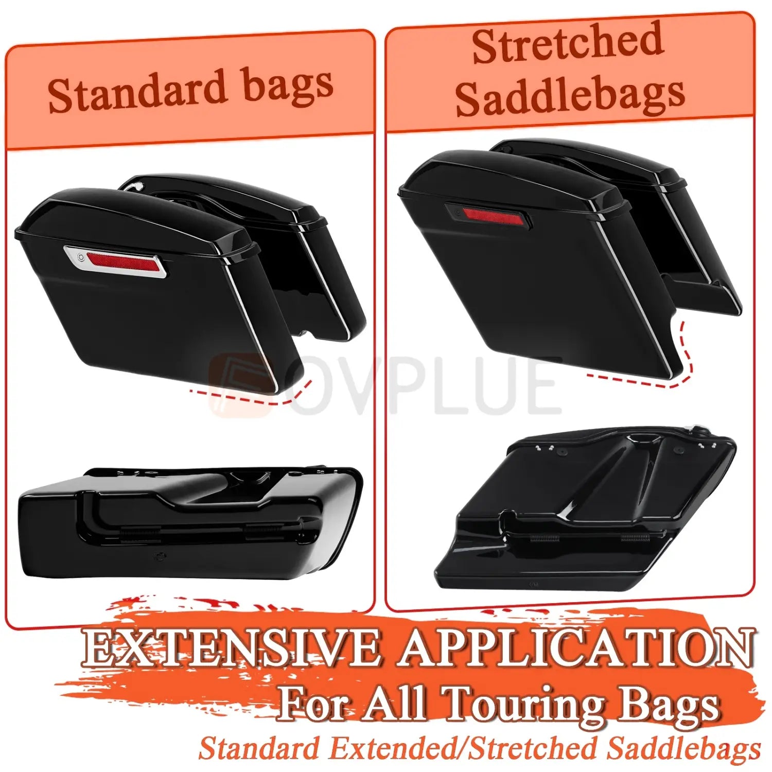 Black plastic Harley touring saddlebags with red reflective strips shown from the back side for use with the support grommet kit 1993 up.