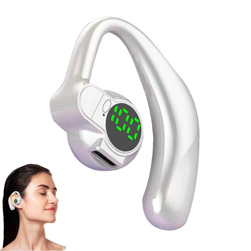 Silver wireless open ear Bluetooth 5.4 sport earhook headphone with digital display and sleek ergonomic design.