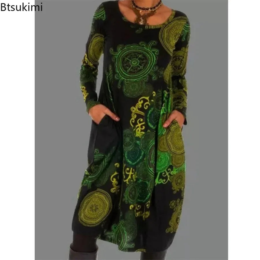 Ethnic Style Casual Dresses Women's Loose Vintage Ruffles Midi Dress Spring Autumn Long Sleeve Boho Printed Party Pocket Dress