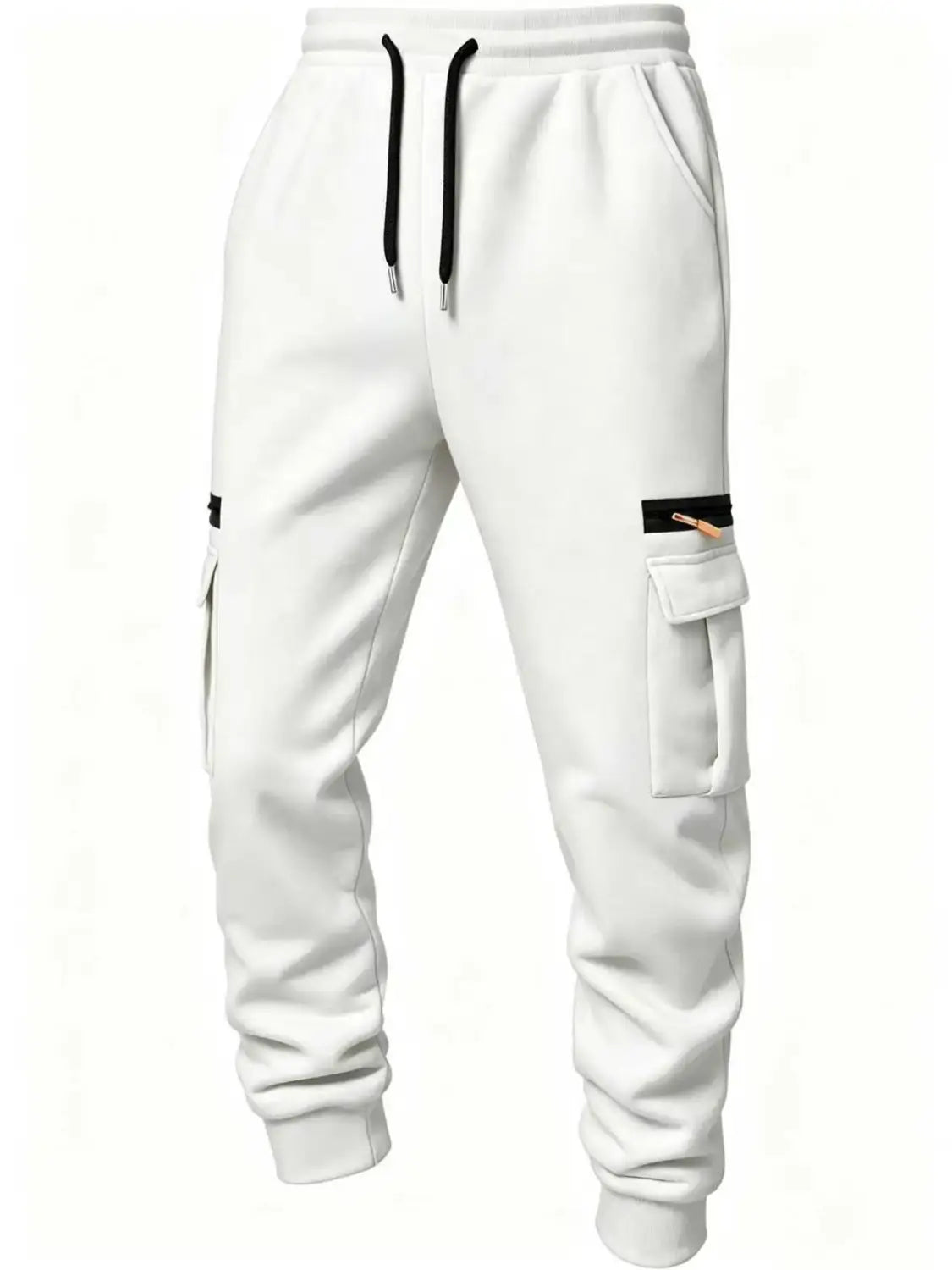 Joggers cargo décontractés, amples, droits et bouffants d’hiver pour hommes, avec des joggers cargo blancs, des cordons de serrage noirs et des poches avec empiècements zippés.