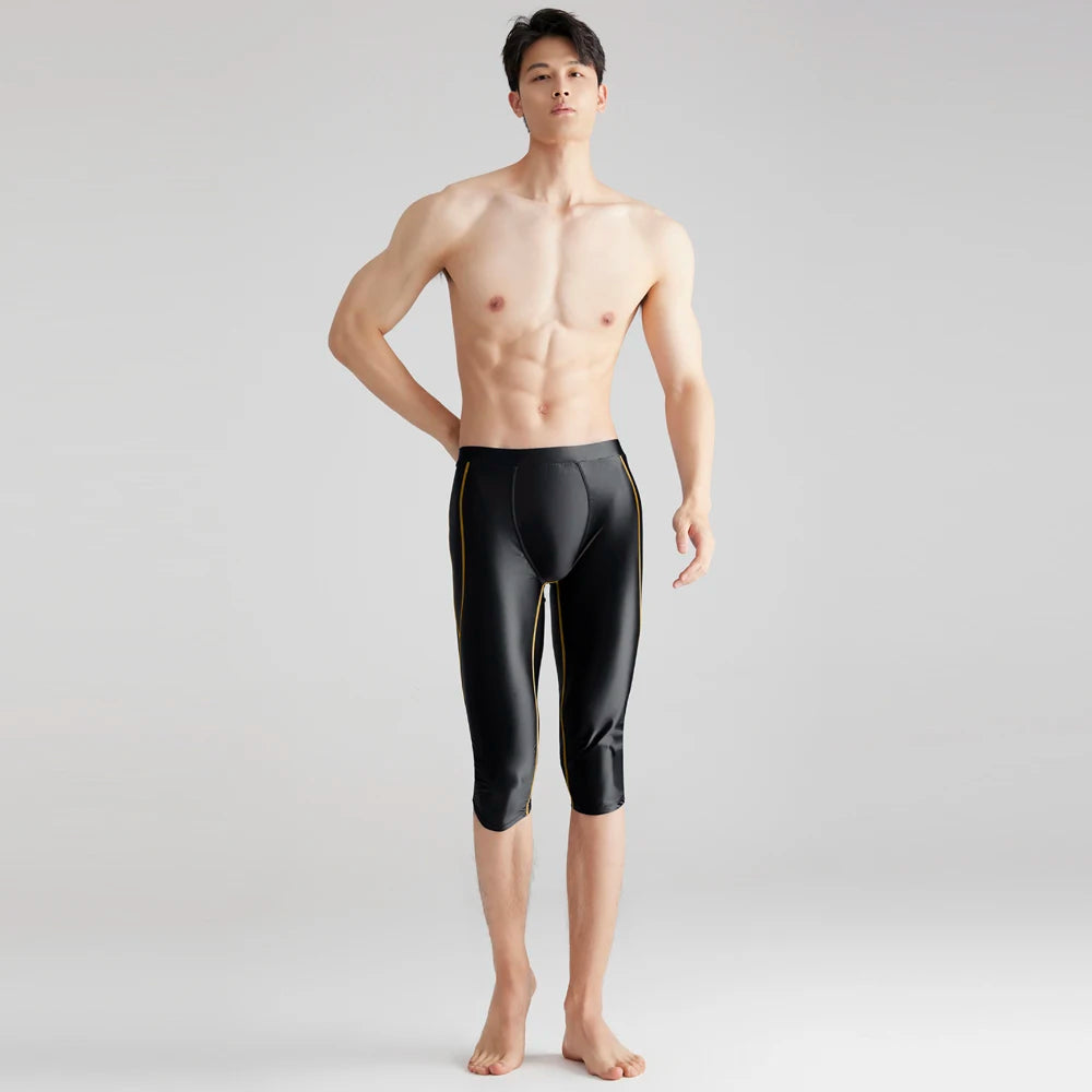 AMORESY-Men's Activewear Shorts, Stretch Cropped Pants, Sports Running Short, Breathable Compression, Shiny Fitness Capris
