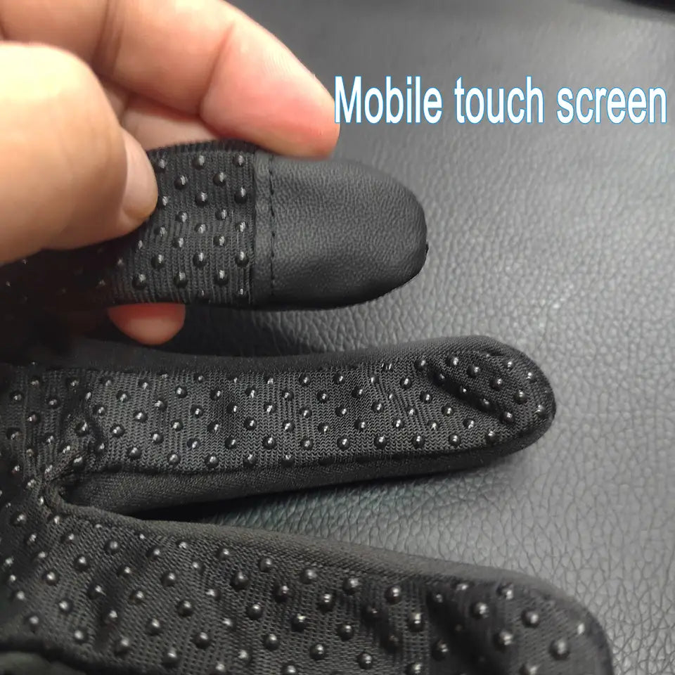 Black touchscreen-compatible motorcycle racing glove with breathable fabric and textured dotted fingertips for enhanced grip and sensitivity.