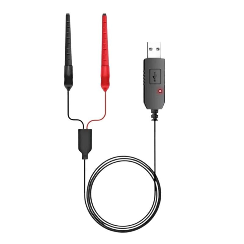 トランシーバー用バッテリーに対応する、ユニバーサルUSB充電ケーブル向けの、灰色のコネクタハウジングを備えた赤色および黒色のUSBオシロスコープ用プローブ。