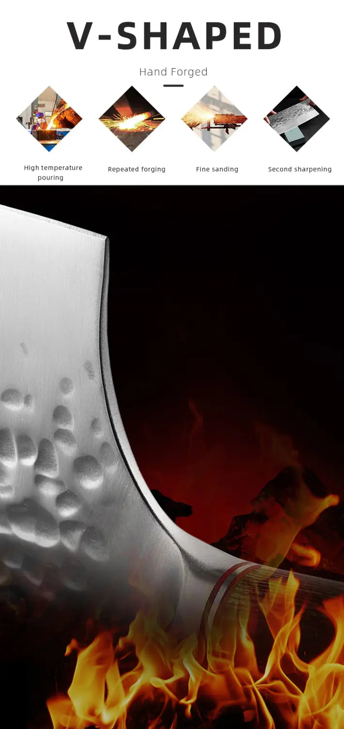 V-shaped hand-forged stainless steel chef knife with a hammered silver blade set against a fiery forge background.