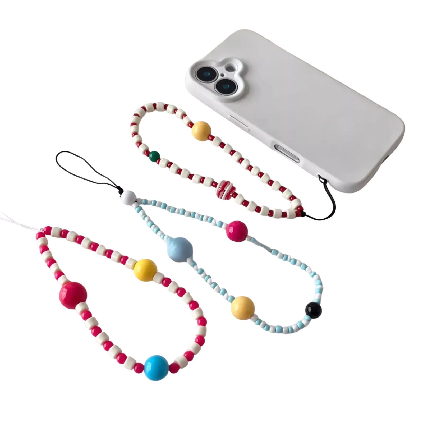 bracelet de téléphone à perles colorées comprenant des perles blanches, roses, rouges, bleues, jaunes et vertes disposées selon un motif.