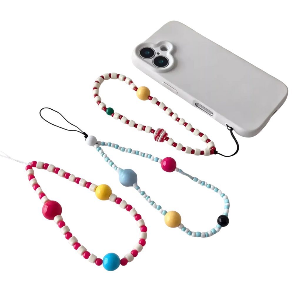 Three colorful beaded ins cute phone wrist straps with pastel and bright accent beads displayed front view