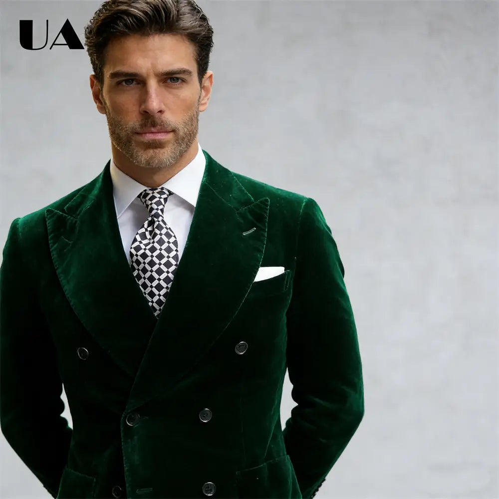 une riche veste de costume en velours à double boutonnage vert émeraude pour homme, avec une coupe classique ajustée et des boutons à tonalité argentée, disponible dans le magasin officiel ulbyanry, avec service client.