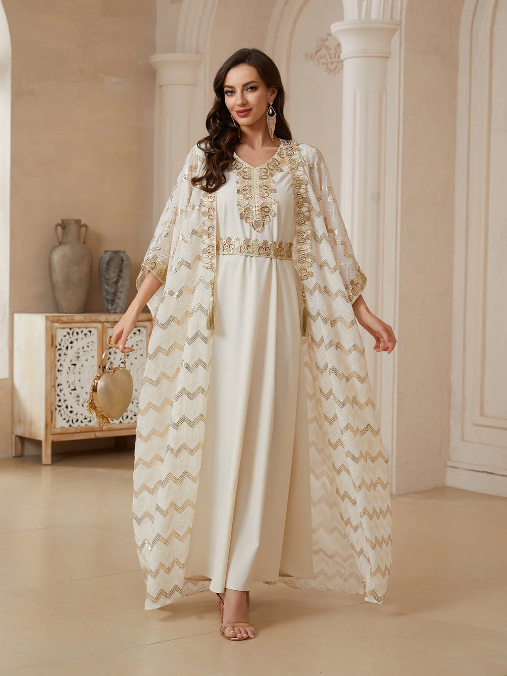 Dress Suit Women Eid Muslim Abaya Party Dresses Sequins 2 Piece Set Jalabiya Morocco Vestidos Dubai Islam Kaftan Cardigan Robe
