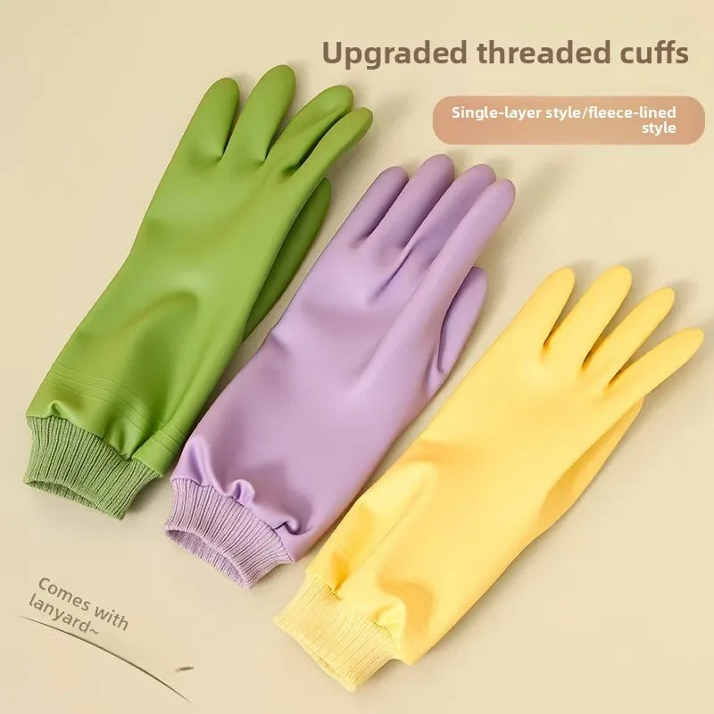 Dishwashing Gloves Women Waterproof and Durable Housework Laundry Thickened Velvet Warm Non-slip Fit Threaded Latex Rubber
