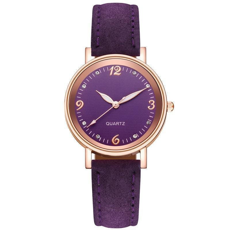 Purple suede strap women quartz watch with rose gold tone leather band and dial featuring diamond like hour markers and white elegant hands