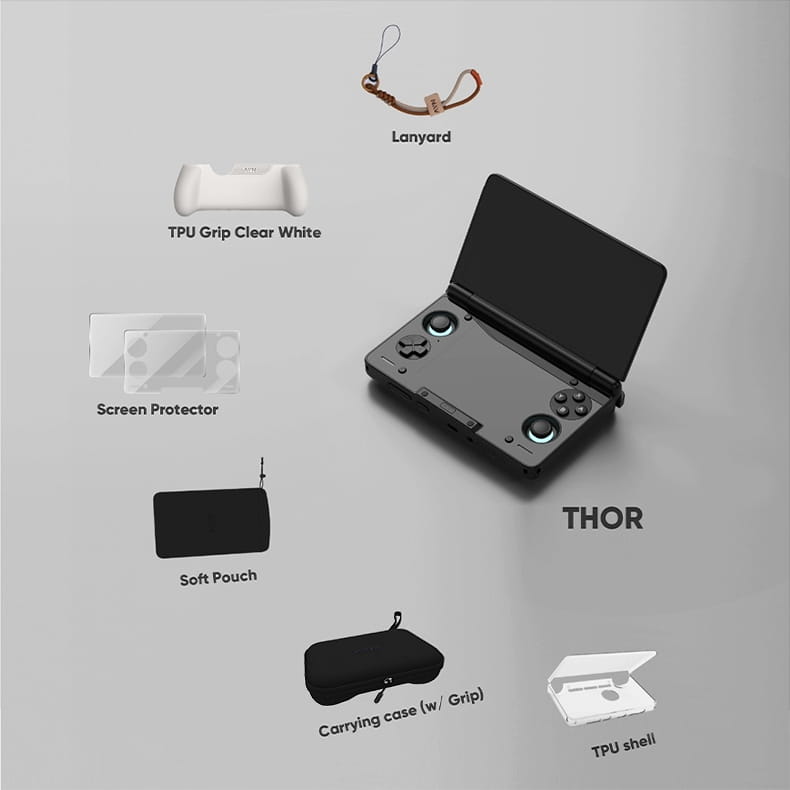 Schwarze Ayn Thor Handheld-Gaming-Konsole mit leuchtend blauen, kreisförmigen Tasten und elegantem, kompaktem Design, dargestellt im Ayn Thor-Zubehöretui sowie im TPU-Griff-Set.
