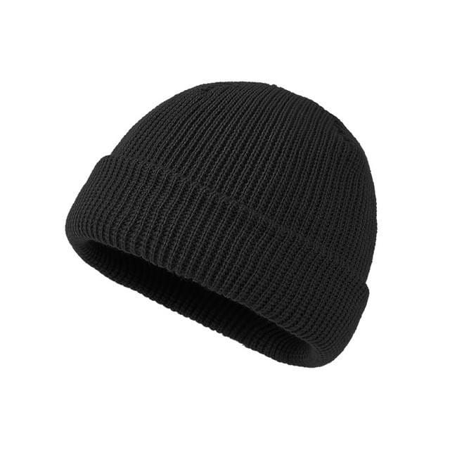Black ribbed knit winter beanie hat with a folded cuff designed as a unisex warm cap.