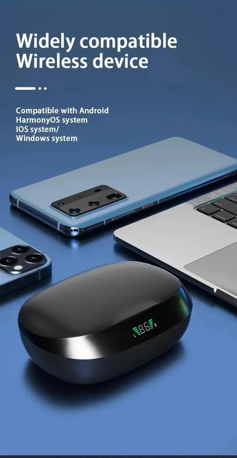 Black oval-shaped wireless sport ear hook earbud charging case with a glossy finish and green digital battery level display for waterproof Bluetooth earbuds.