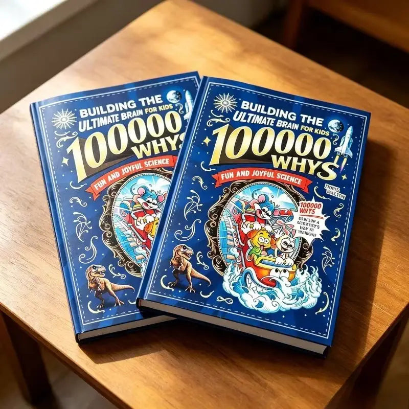 Zwei identische blaue Hardcover-Bücher mit dem Titel Building the Ultimate Brain for Kids 100000 Whys von Donis Walton, die im Produkt „100000 Whys Kids Science Encyclopedia“ enthalten sind.