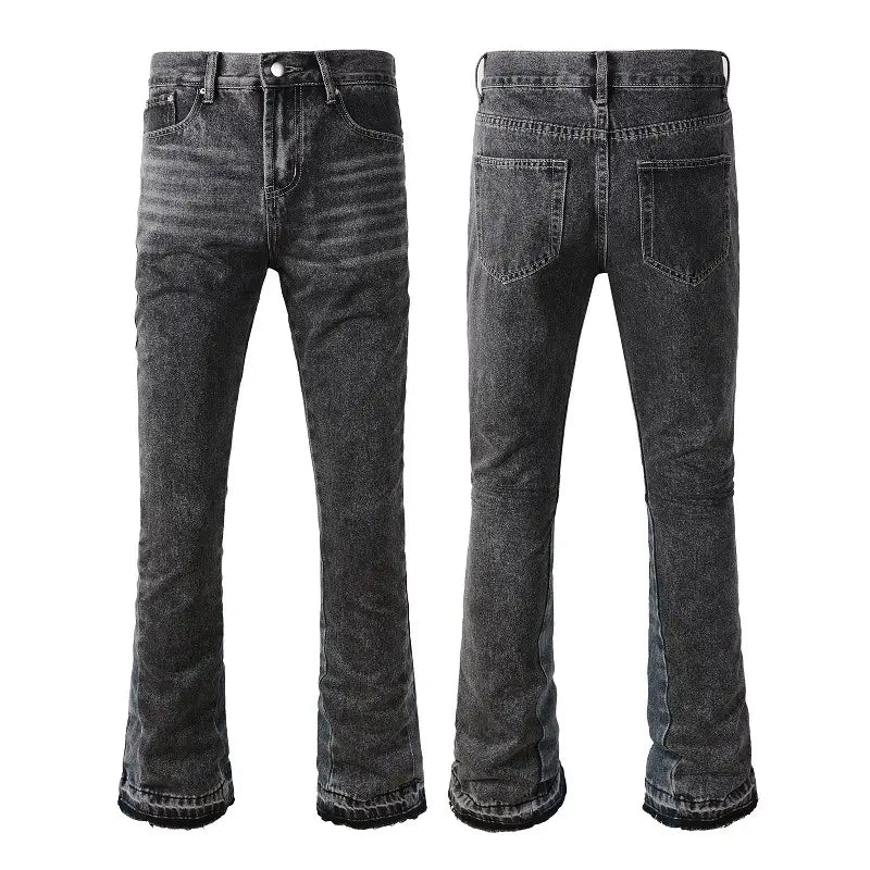 Men flare jeans in distressed dark gray denim featuring a slightly faded finish with a flared leg cut and classic five-pocket design.