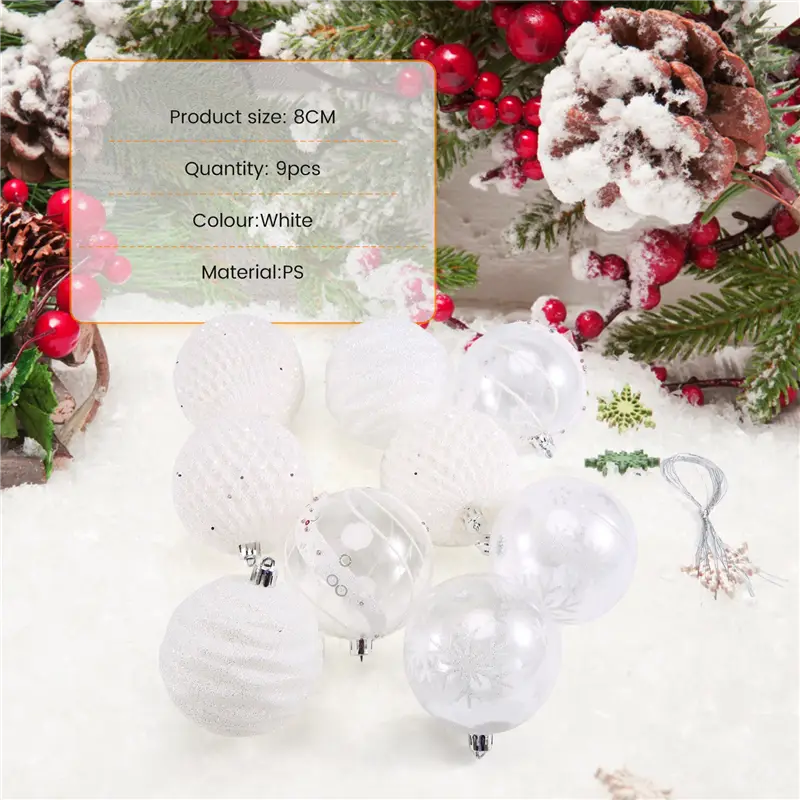 White plastic shatterproof Christmas baubles with textured and glittery surfaces designed as tree ornaments.