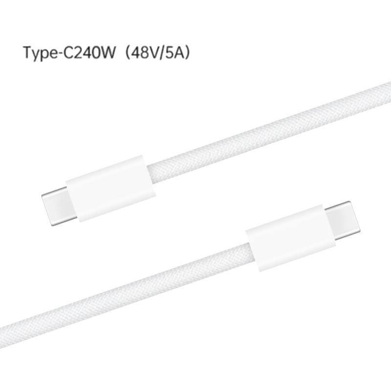 weißes geflochtenes USB‑C-Kabel mit 240‑W-Schnellladeleistung und 2 Meter Länge.