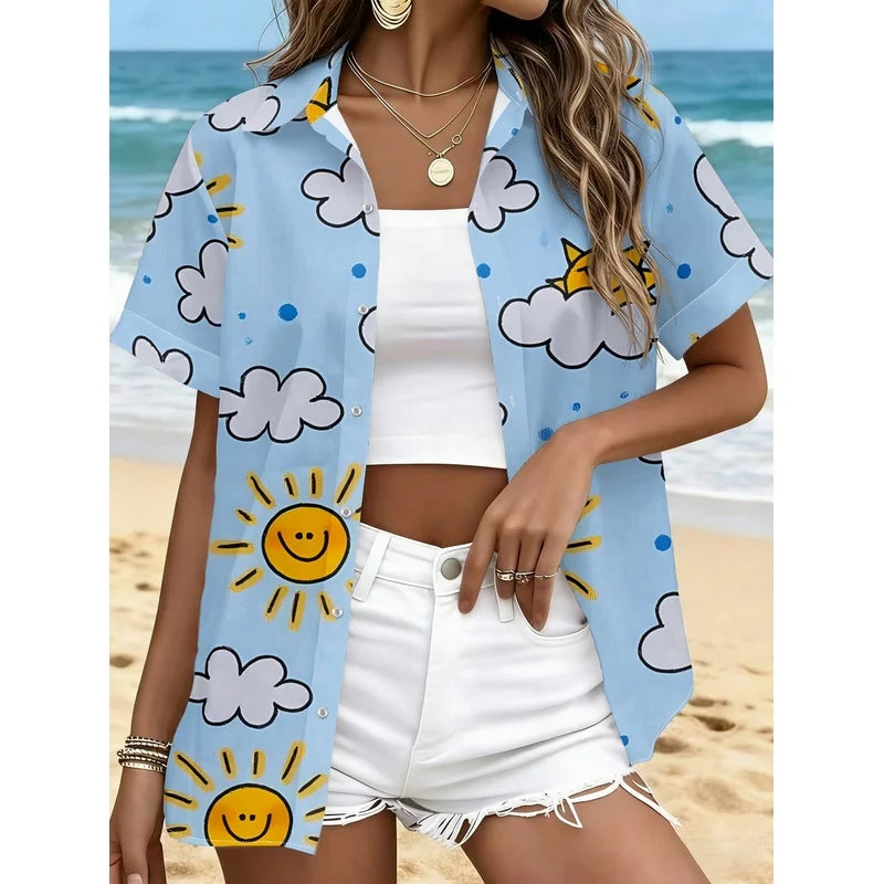 Women'S Short Sleeve Shirt Summer New Sun Cloud Print Versatile Casual