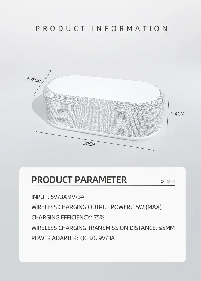 Reloj despertador de alarma con carga inalámbrica de forma ovalada blanca con visualización de la temperatura, con superficie de tela con textura y bordes lisos blancos, con función de carga inalámbrica y modo de ahorro de energía.