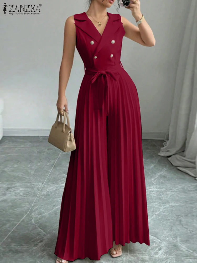 Fashion Women Jumpsuits 2026 ZANZEA Summer Rompers Elegant Wide Leg Work OL Overalls V Neck Sleeveless Pleated Playsuit Trousers