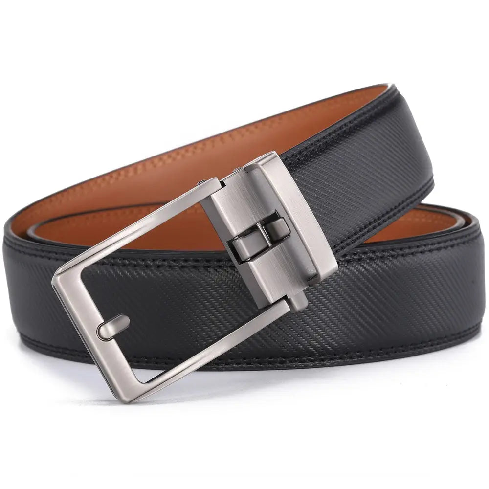 Black leather mens belt with a silver-toned automatic buckle and tan inner lining.