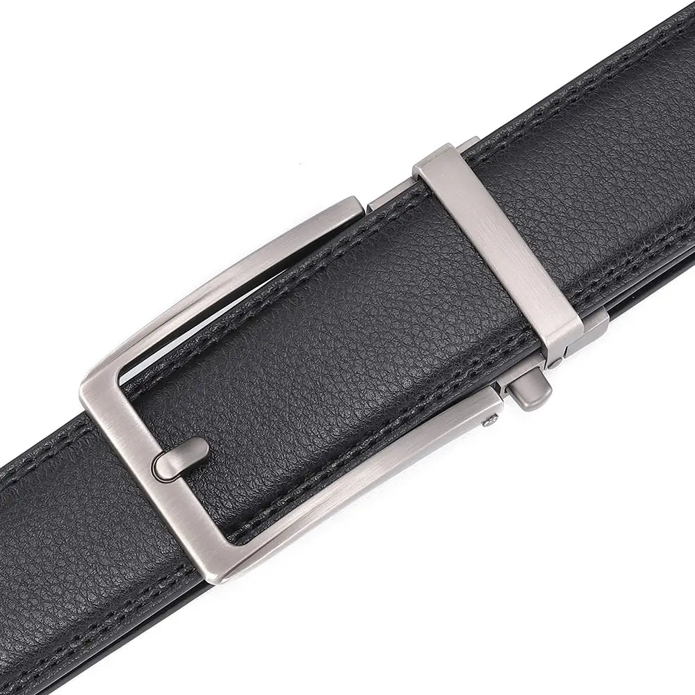 Black leather mens belt with a sleek silver toned automatic buckle.