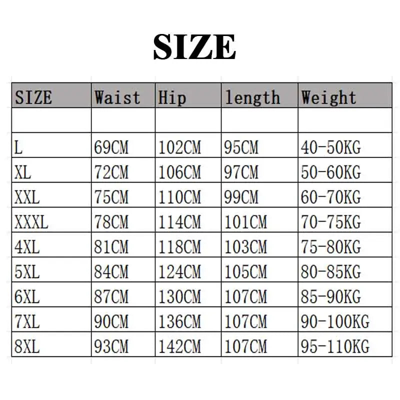 Size chart table displaying measurements for men fleece lined thermal sweatpants waterproof winter pants in sizes l to 8xl including waist hip length and weight ranges.
