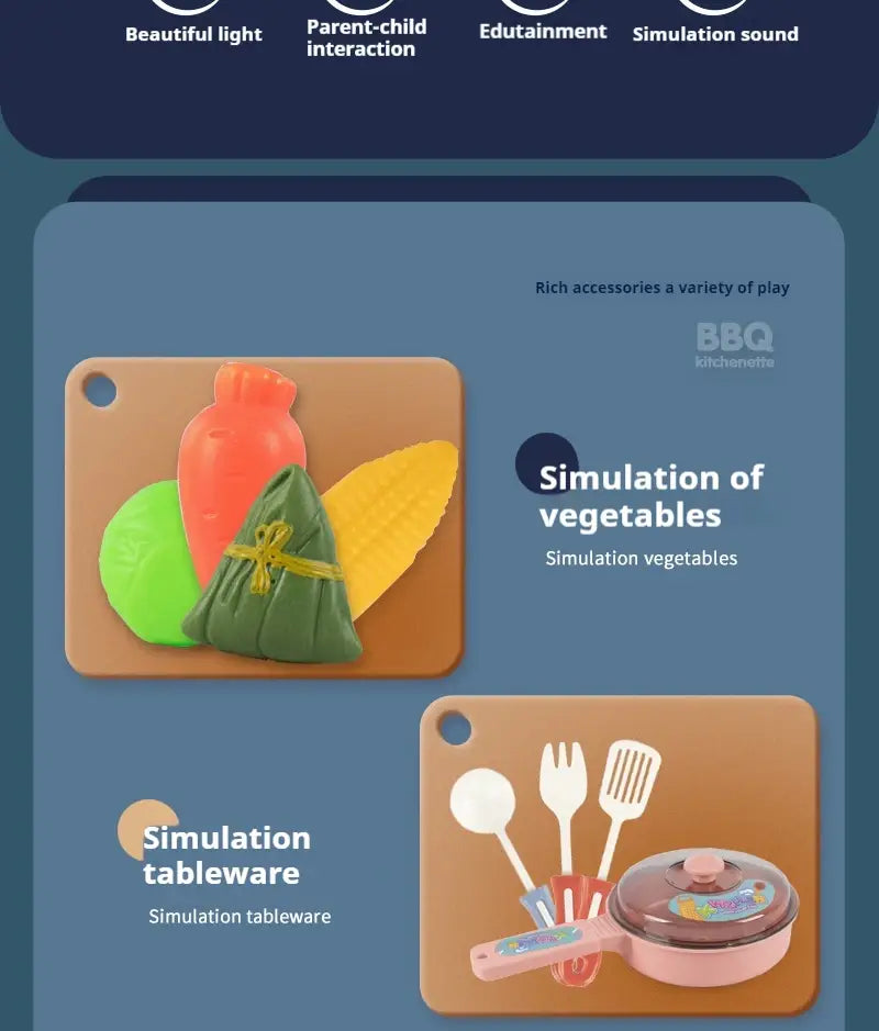 Das Bild zeigt ein farbenfrohes Kinder-Küchenspielset aus Kunststoff mit Spielküchengeräten, simulierten Gemüsesorten sowie Tischgeschirr mit Licht- und Soundeffekten.