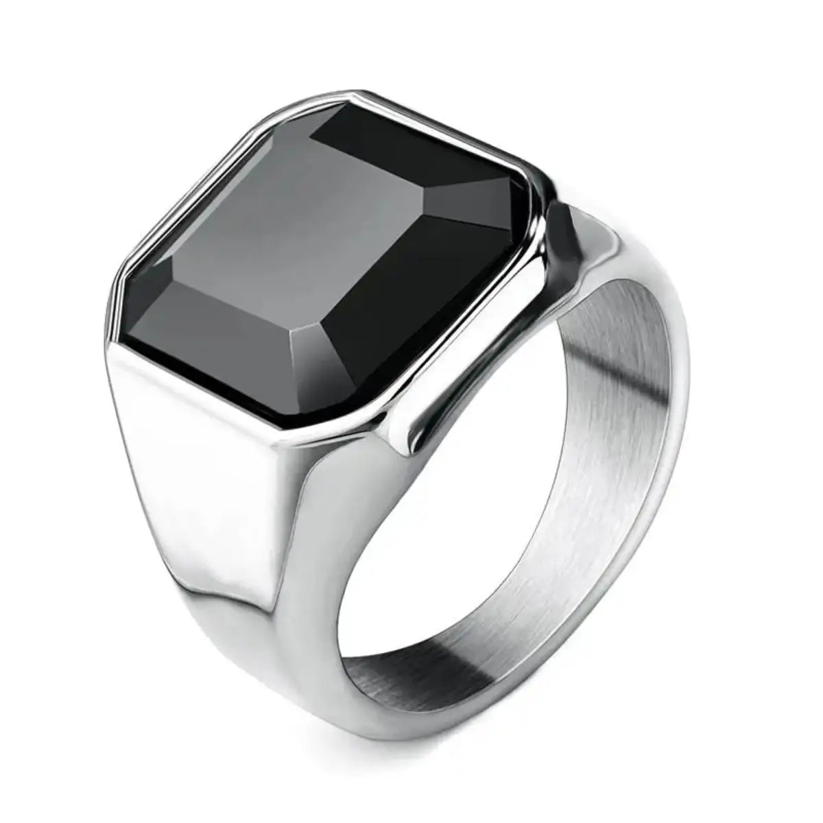 Stilvoller schwarzer Onyx-Signetring in Silber mit schwarzem Onyx-Finish für Damen und Herren, mit einem markanten rechteckigen schwarzen Onyx-Stein mit facettierten Kanten.