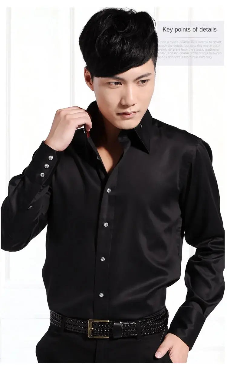 Men slim fit long sleeve dress shirt in black satin with silver buttons and a sleek tailored fit.