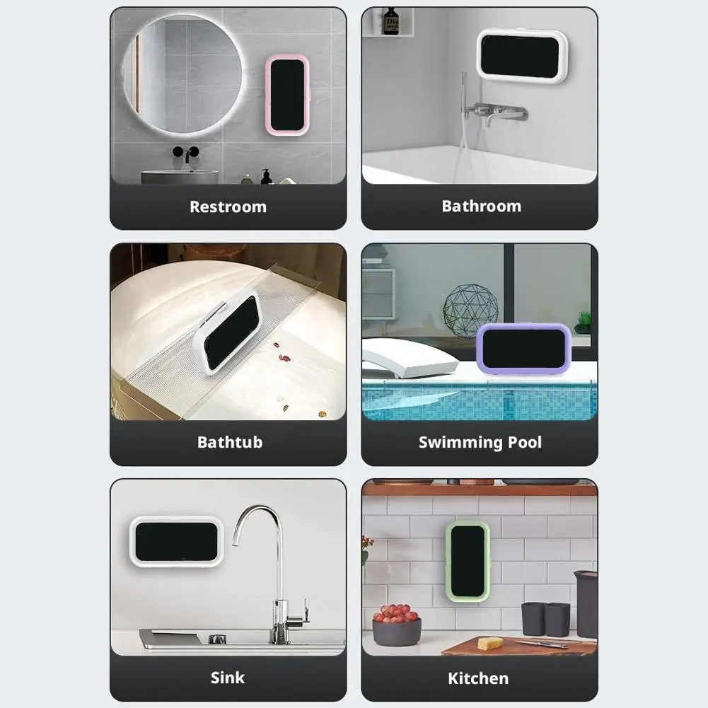 A sleek rectangular waterproof case with a glossy finish and rounded edges designed as a 360 degree rotating shower phone holder.