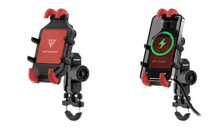 Red and black motowolf motorcycle wireless charging phone mount with integrated charging pad designed for secure phone placement on motorcycles