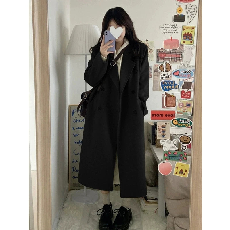 Women Elegant Midi Wool Blends Coat Korean Thicken Long Bandage Jackets Oversized Lace Up Outwear White Cardigan Woolen Overcoat
