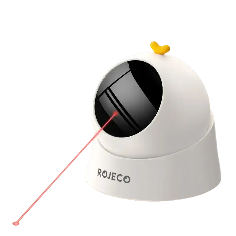 White rojeco interactive laser cat toy with yellow chick finial and black interior viewed from front angle