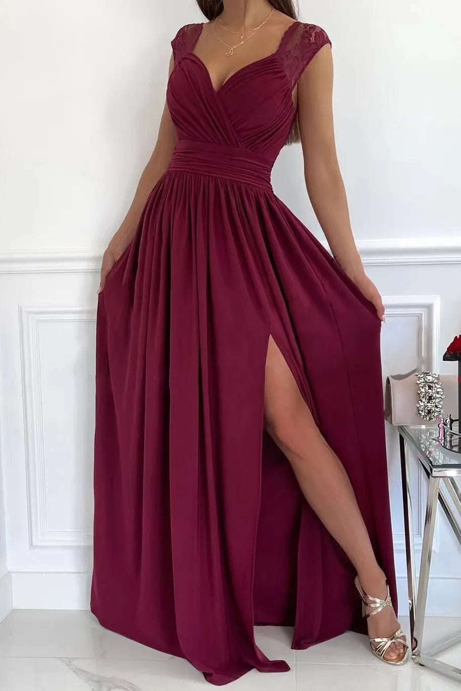 Elegant Evening Dress Women V Neck Lace Shoulder Sleeveless Slit Waist Cinched Pleated Formal Party Prom Maxi Gown